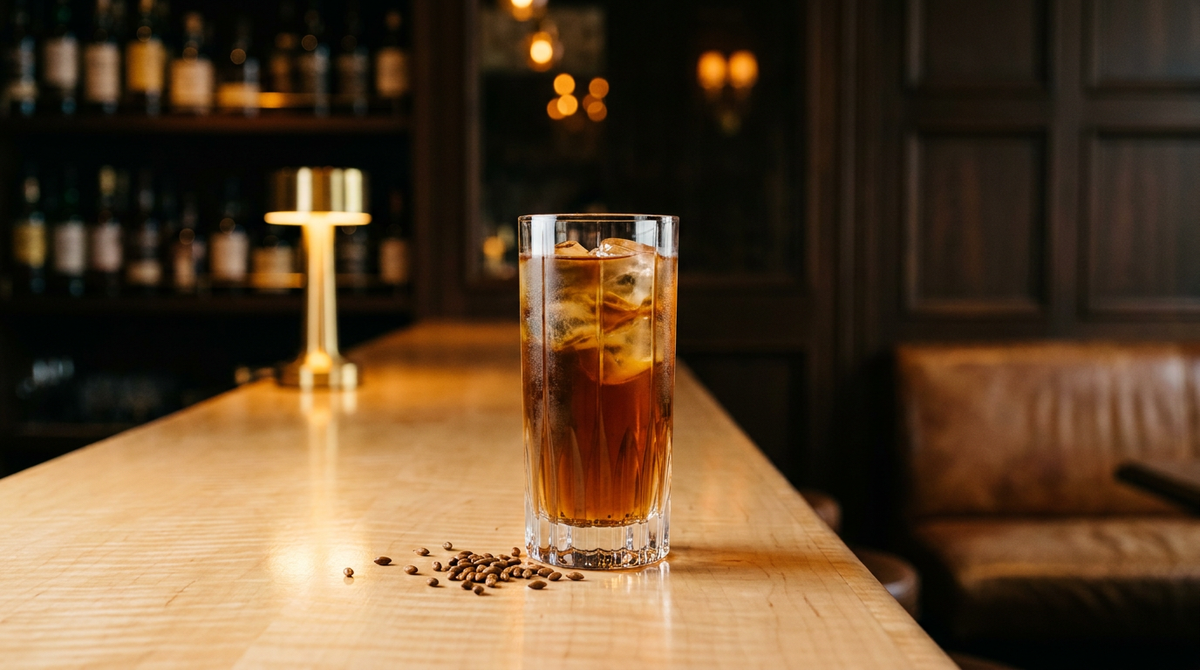 Mugicha ambré foncé et limpide dans un verre haut plein de glaçons, grains d'orge grillée à côté, comptoir d'érable ondé