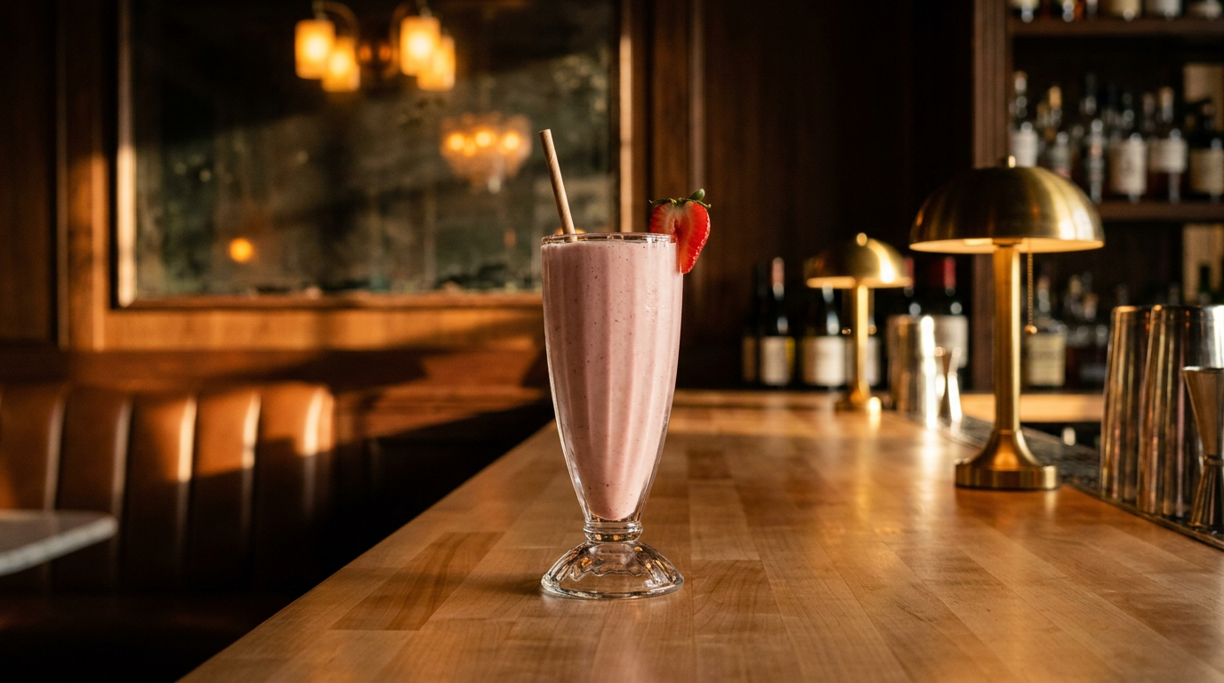 Milkshake à la fraise dans un grand verre cannelé, demi-fraise sur le bord, comptoir de bois d'érable