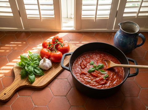 Sauce tomate maison mijotée dans une cocotte en fonte, tomates en grappe, ail et basilic frais sur des tomettes provençales