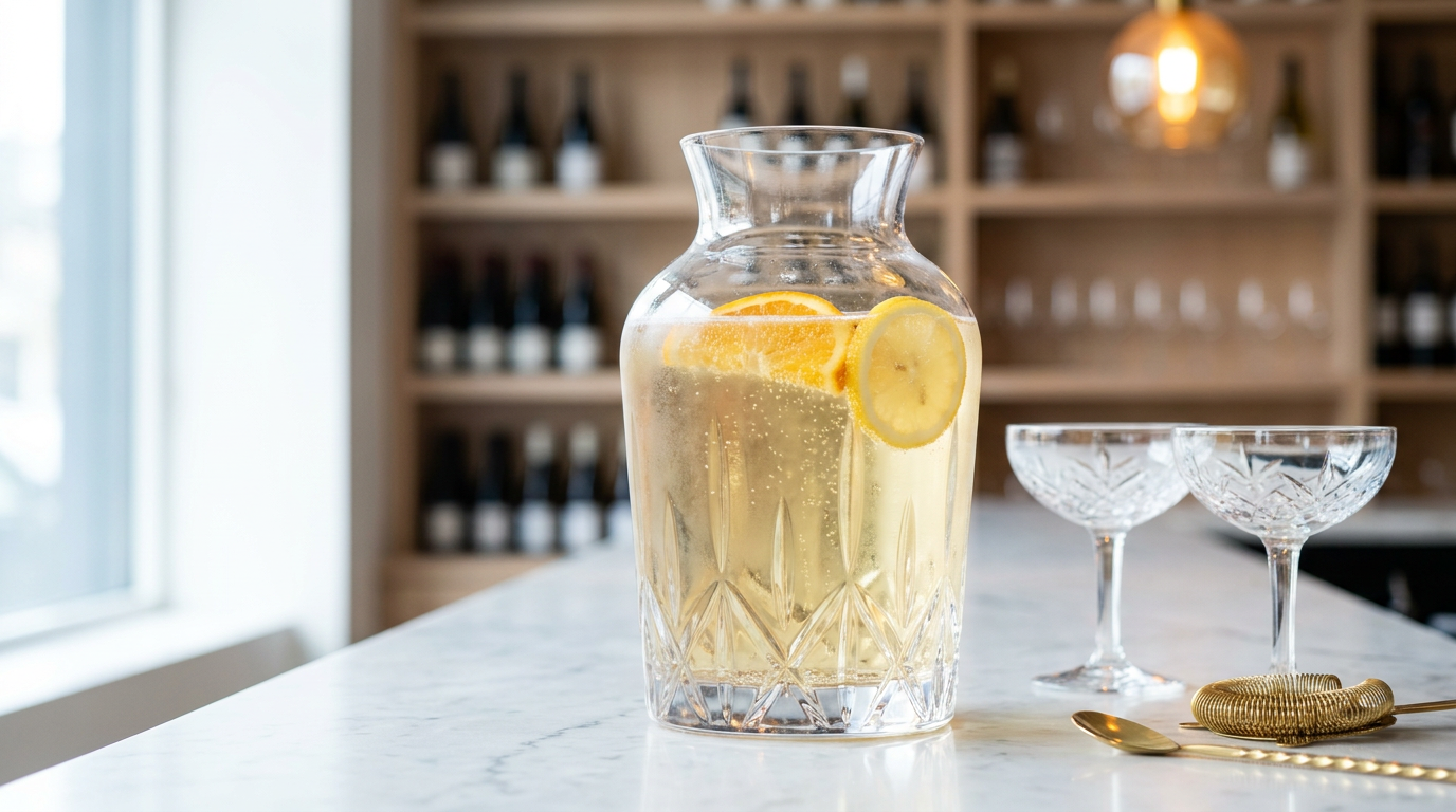 Grande carafe de cristal taillé remplie de Bombay Punch doré et pétillant, deux coupes à côté, sur un comptoir de marbre blanc