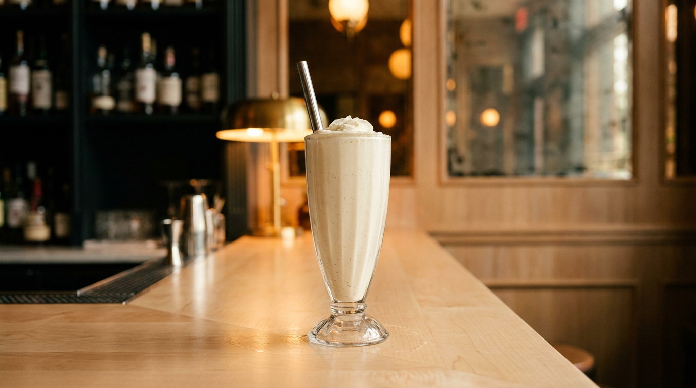Milkshake vanille épais dans un verre cannelé, paille et chantilly, comptoir d'érable clair