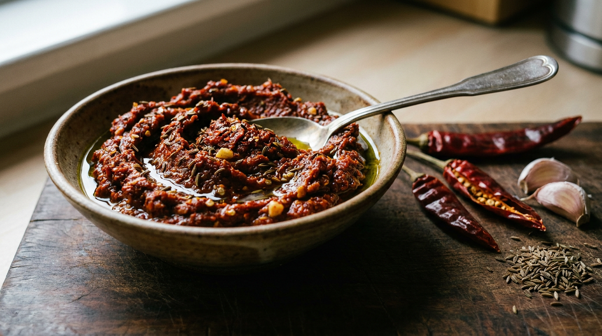 Harissa maison dans un bol en grès, pâte rouge brique en relief, film d'huile, piments secs