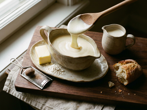 Sauce béchamel onctueuse versée à la cuillère en bois dans une saucière en grès, avec beurre, farine et noix de muscade sur une planche en noyer