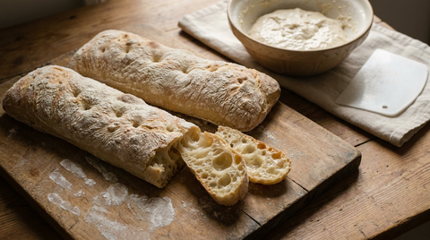 Deux ciabattas rustiques sur une planche, croûte pâle bien farinée et forme irrégulière affaissée, une rompue montrant une mie très alvéolée aux grands trous, saladier de pâte collante