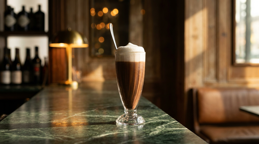 Egg cream brun foncé surmonté d'une mousse blanche épaisse dans un verre de fontaine, longue cuillère, comptoir de marbre Verde Alpi