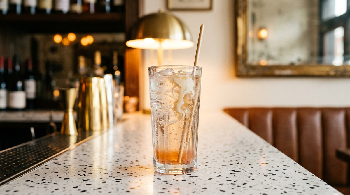 Italian soda ambré clair et pétillant dans un grand verre, glaçons et paille, comptoir de terrazzo blanc