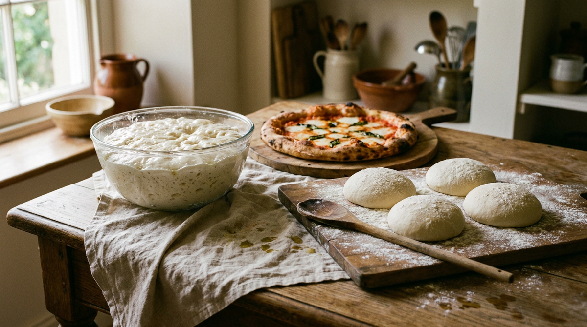 Bol de pâte à pizza sans pétrissage très bullée après une nuit de levée, à côté quatre pâtons ronds sur un plan fariné et une pizza margherita cuite au bord soufflé, cuisine de famille, lumière de fin d'après-midi