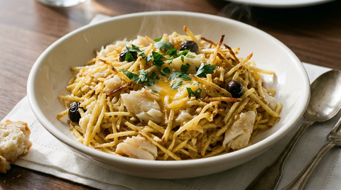 Bacalhau à Brás, enchevêtrement de pommes paille dorées liées d'œuf crémeux avec des lamelles de morue, olives noires et persil