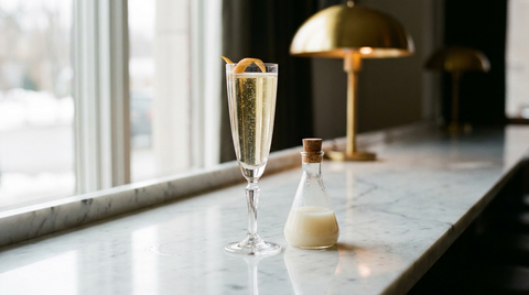 Mocktail doré pétillant dans une flûte, long zeste d'orange sur le bord, flacon de sirop d'amande à côté, comptoir de marbre blanc, lumière d'hiver douce de fenêtre