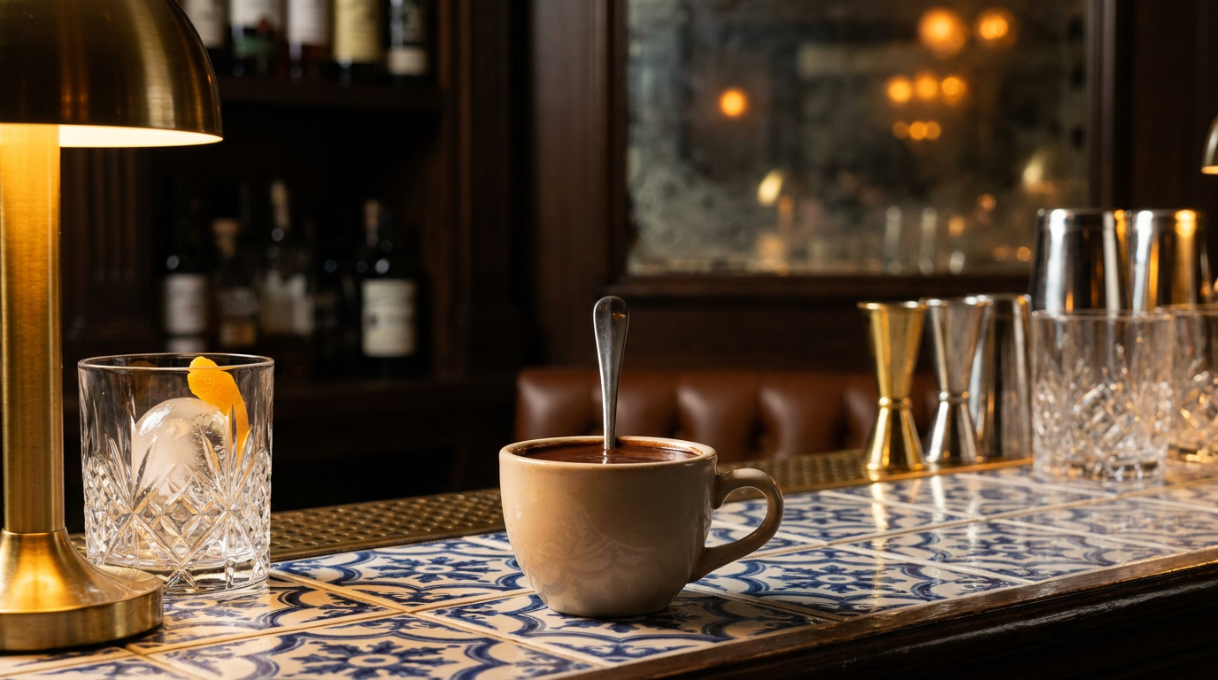 Chocolat chaud espagnol très épais dans une tasse, carreaux bleus et blancs