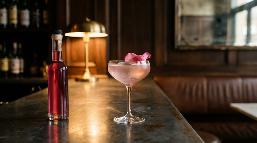 Sirop de rose en flacon et coupe de cocktail rose pâle, pétale frais, comptoir de zinc patiné
