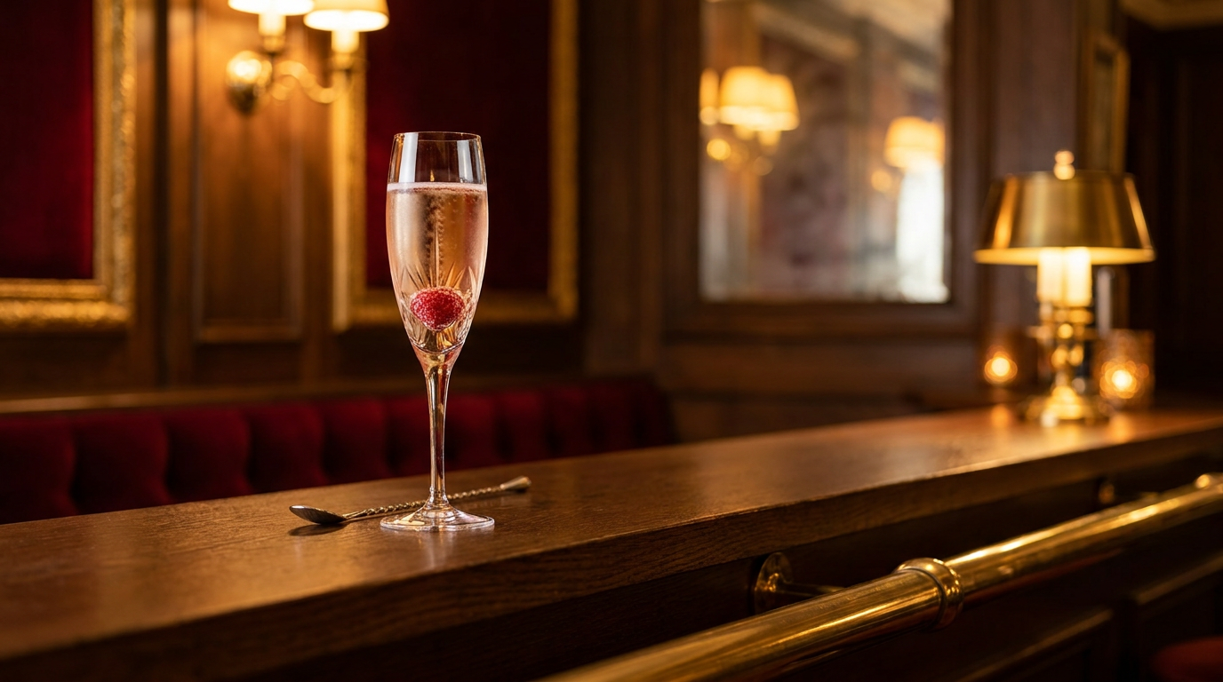 Cocktail Épernay en flûte de cristal, framboise au fond, sur un comptoir de chêne