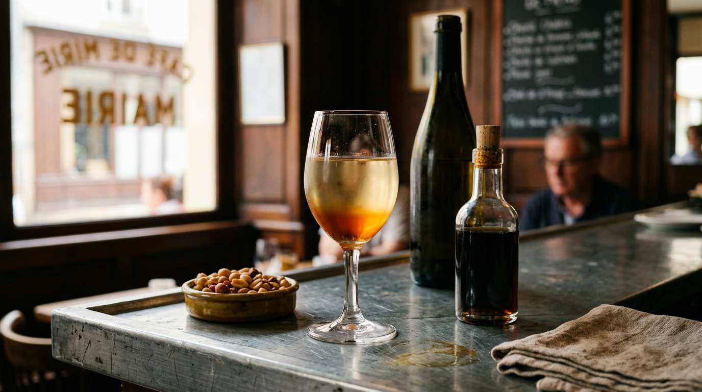 Verre à pied de vin blanc avec un dégradé ambré au fond, bouteille de vin et petite bouteille d'amer sans étiquette, coupelle de cacahuètes sur un comptoir en zinc