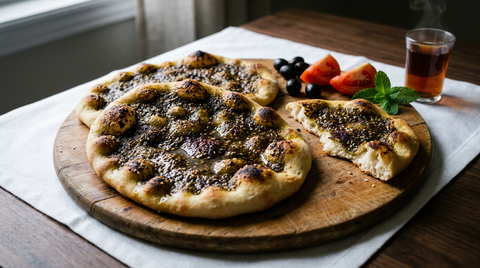 Manakish libanais au zaatar, pâte plate dorée couverte d'une pâte d'herbes vert olive brillante, bords gonflés et cloqués