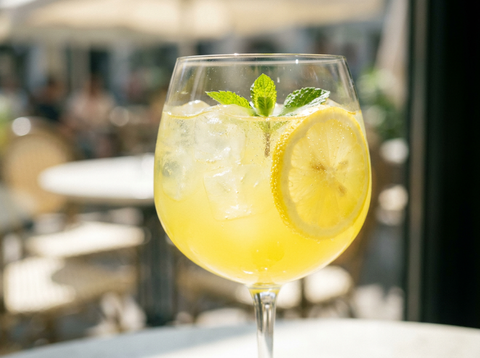 Limoncello Spritz dans un grand verre à vin : cocktail jaune citron sur glace, rondelle de citron et menthe