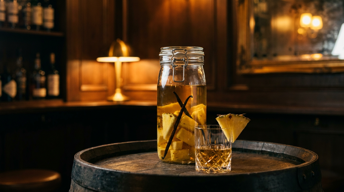 Bocal de morceaux d'ananas frais et de gousses de vanille macérant dans un rhum doré, petit verre de dégustation devant et quartier d'ananas posé, sur une tête de tonneau de chêne