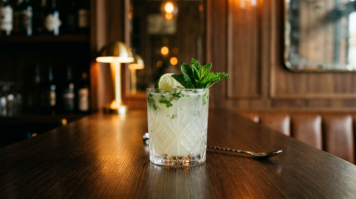 El Draque trouble et pâle dans un verre épais, menthe fraîche et citron vert, comptoir de wengé