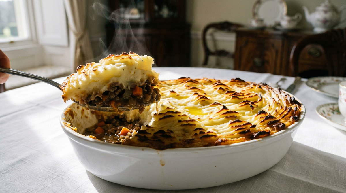 Shepherd's pie dans un plat blanc : dessus de purée rayé à la fourchette et fortement doré sur les arêtes, une cuillerée retirée montrant la couche d'agneau en sauce dessous