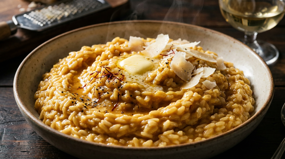 Risotto à la milanaise crémeux et fumant, relief de vagues dorées, grains de riz visibles, beurre fondant et copeaux de parmesan
