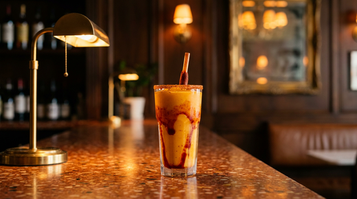 Mangonada orange épaisse dans un grand verre, rubans de chamoy rouge sur les parois, paille, comptoir de terrazzo terracotta