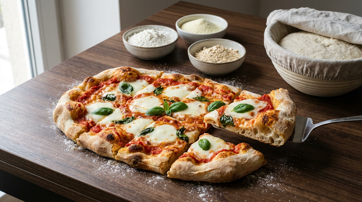 Pinsa romaine ovale sur une table en bois sombre, bord boursouflé et doré, base très alvéolée visible sur une part soulevée, garniture tomate mozzarella basilic, trois bols de farine de blé, de riz et de soja, et pâte très hydratée dans un banneton