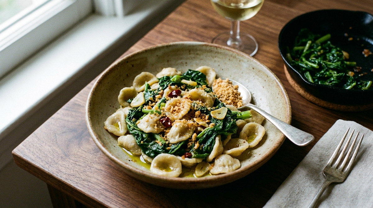 Bol en céramique d'orecchiette faites main mêlées de feuilles de navet vert foncé fondues et brillantes d'huile, anchois fondu, ail en lamelles, piment, cuillerée de chapelure dorée dessus, petite poêle à côté, verre de vin blanc