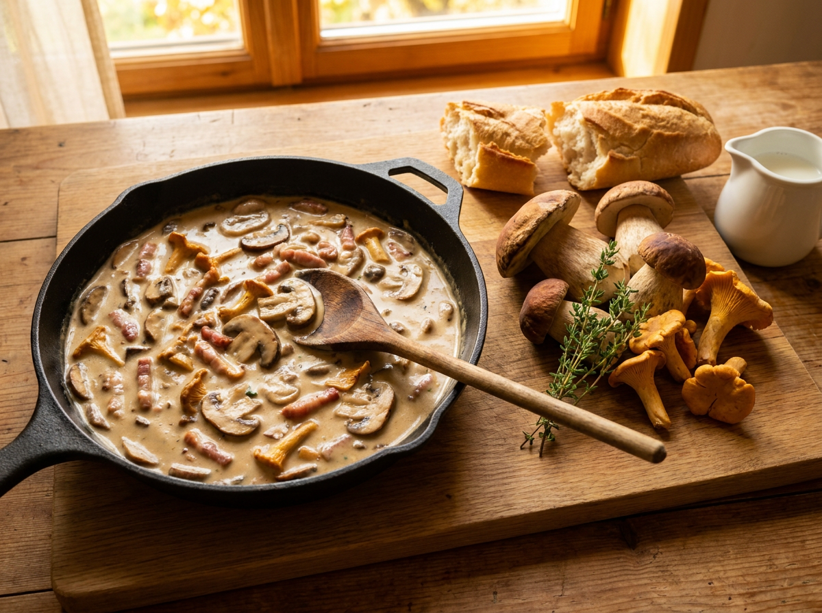 Sauce forestière aux champignons des bois et lardons fumés dans une poêle en fonte, cèpes et girolles posés à côté avec du thym