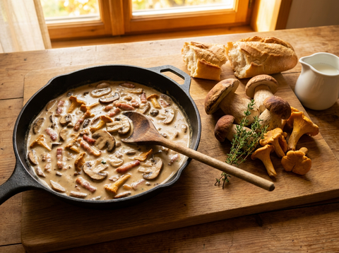 Sauce forestière aux champignons des bois et lardons fumés dans une poêle en fonte, cèpes et girolles posés à côté avec du thym