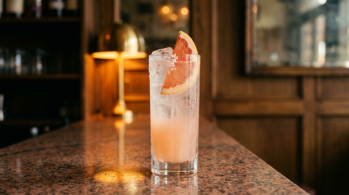 Paloma au mezcal rose pâle et pétillante dans un grand verre, quartier de pamplemousse et sel sur le bord, comptoir de granit rose