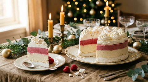 Vacherin glacé sur un plat de fête : base de meringue blanche, couches nettes de glace vanille et de sorbet framboise, volutes de chantilly, une part servie montrant les couches