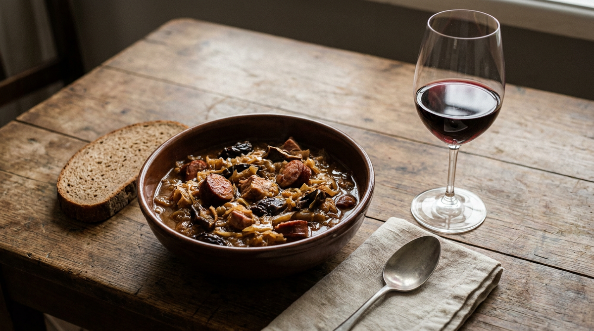 Bigos polonais dans un bol en grès, choucroute et chou braisés avec saucisse fumée, porc, pruneaux et champignons, pain de seigle, verre de vin rouge, table de bois