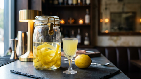 Bocal de zestes de citron macérant dans un alcool clair et petit verre à pied givré de limoncello jaune opalescent devant, citron entier à côté, sur une ardoise noire