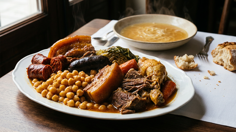 Cocido madrileño, plat de pois chiches et de viandes glacées de bouillon, avec derrière un bol de soupe dorée aux vermicelles