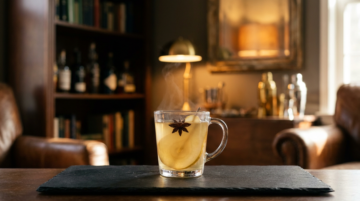 Mug en verre de vin chaud blanc doré et fumant, badiane et lamelle de poire en surface, sur une ardoise noire au comptoir d'un bar chaleureux