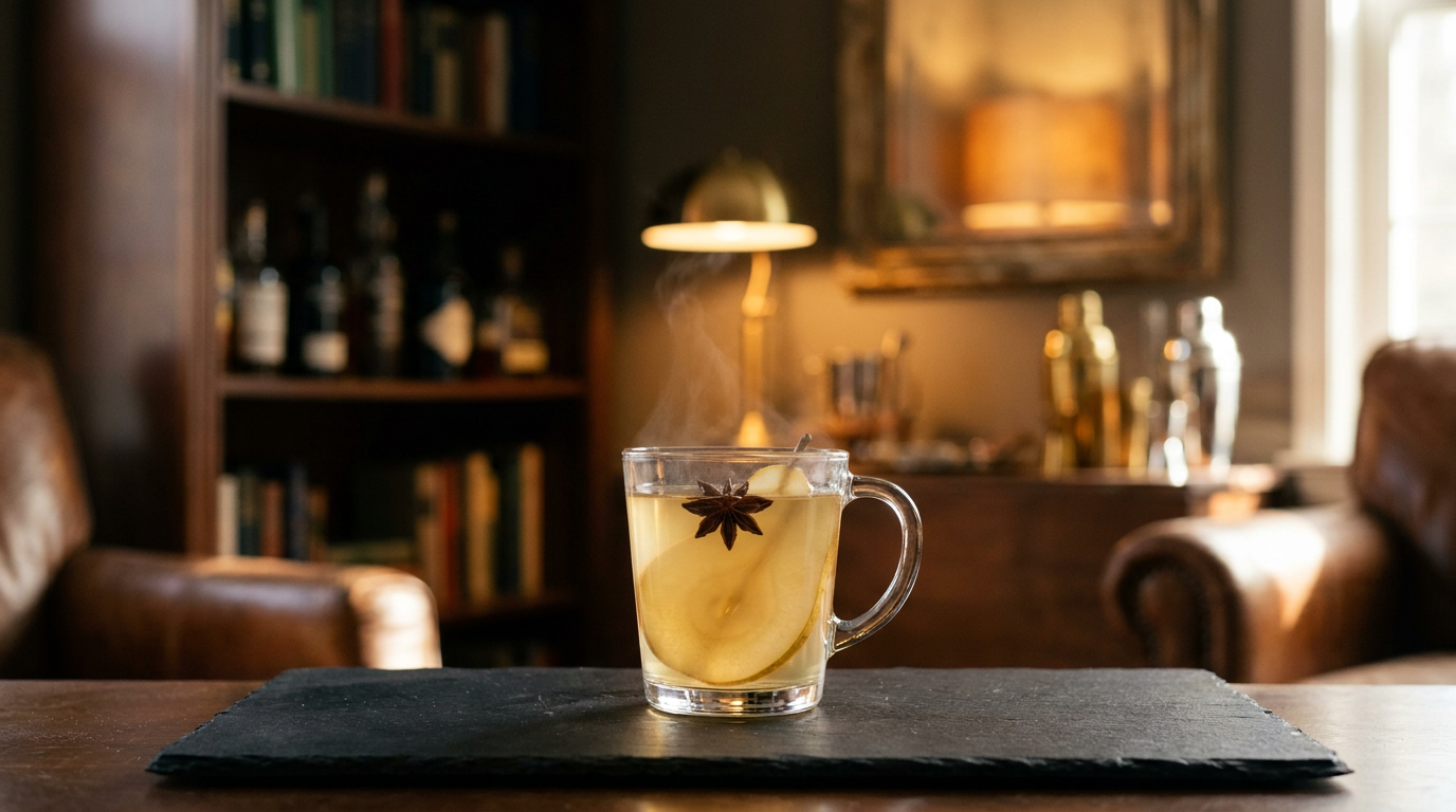 Mug en verre de vin chaud blanc doré et fumant, badiane et lamelle de poire en surface, sur une ardoise noire au comptoir d'un bar chaleureux