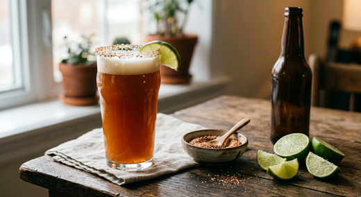 Grand verre à bière à bord givré de sel et de piment rouge, rempli de bière blonde légèrement rougie avec un col de mousse, quartier de citron vert sur le bord, coupelle de sel au piment sur une table en bois