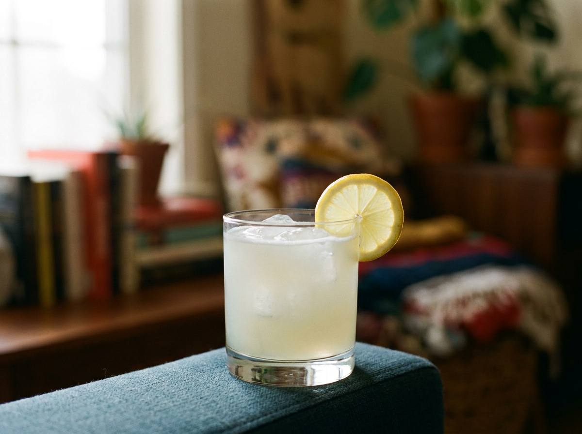 Cocktail Fitzgerald citron sur glace dans un verre bas, rondelle de citron, lumière naturelle