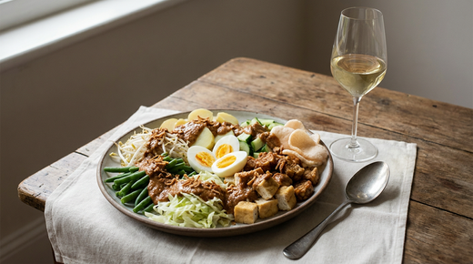 Gado-gado, plat de légumes blanchis, œufs durs, tofu et tempeh frits nappés de sauce aux cacahuètes, échalotes frites et krupuk, verre de vin blanc, table de bois