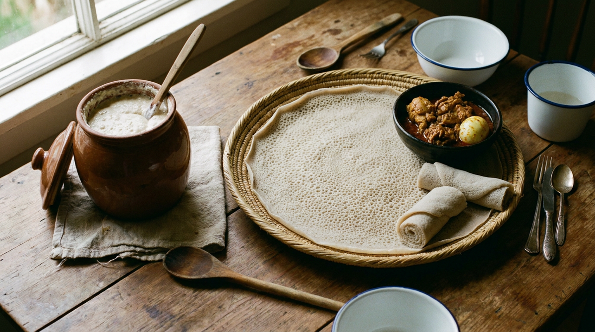 Injera éthiopienne sur un panier tressé, grande galette de teff gris pâle couverte de milliers de petits trous, deux injera roulées, bol de ragoût épicé et pot de pâte en fermentation