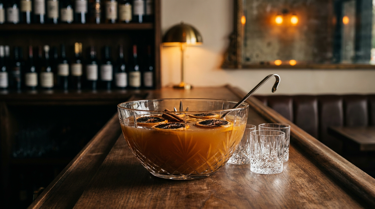 Grand bol à punch en verre contenant une boisson ambrée foncée avec rondelles d'orange grillées et bâton de cannelle, louche posée dedans, comptoir de bois ciré sombre