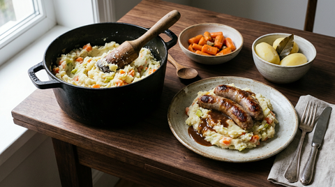 Stoemp belge grossièrement écrasé dans une cocotte en fonte, purée mouchetée de carotte et de poireau avec des morceaux visibles, pilon en bois, assiette avec deux saucisses grillées et sauce brune.
