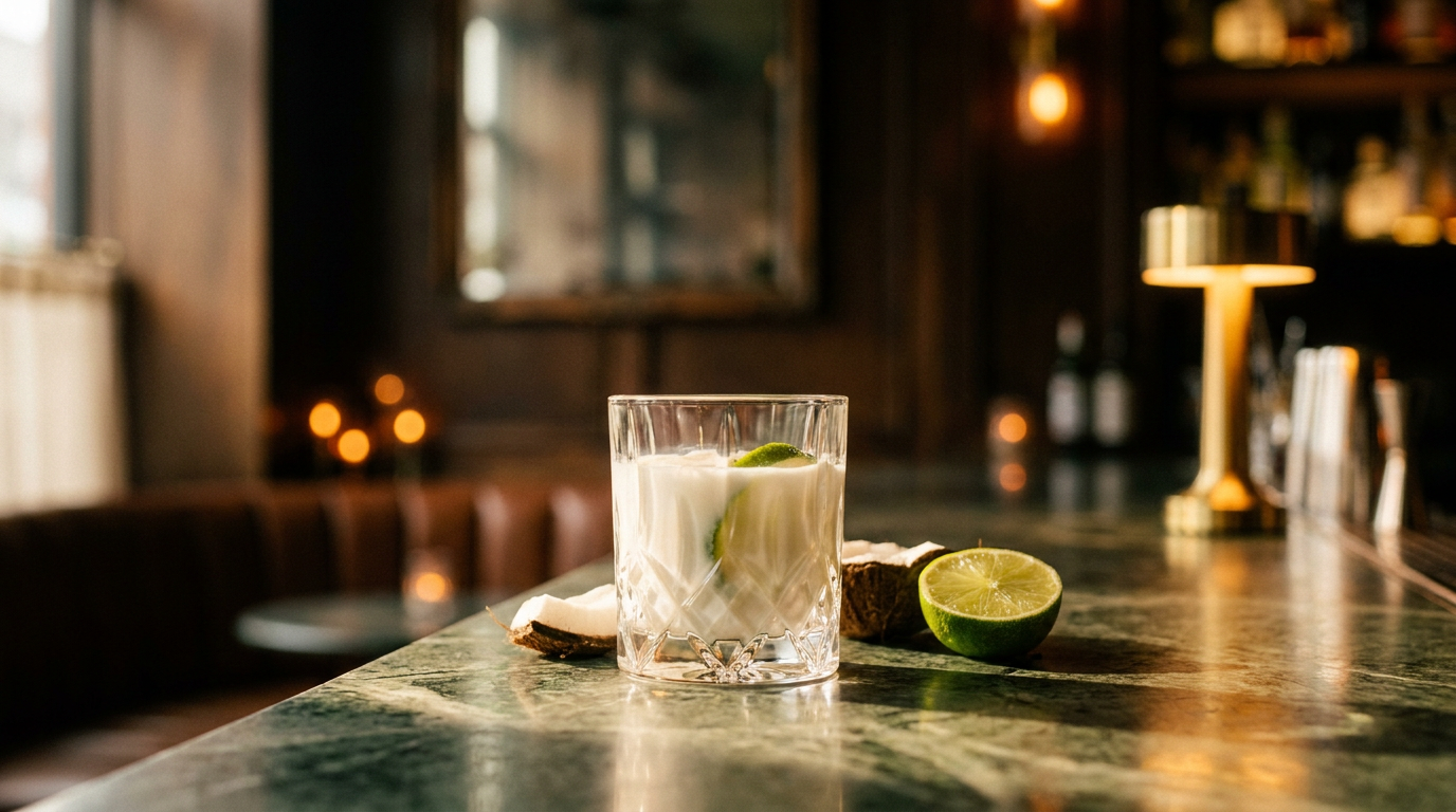 Ti-punch coco en petit verre, rhum blanchi par la crème de coco, sur un comptoir de marbre vert