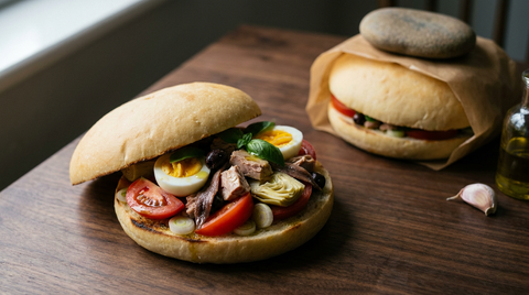 Pan bagnat niçois dans un petit pain rond, chapeau soulevé laissant voir la garniture crue de thon, anchois, œuf dur, tomate, artichaut, oignon nouveau, olives et basilic, second pain emballé sous une pierre plate