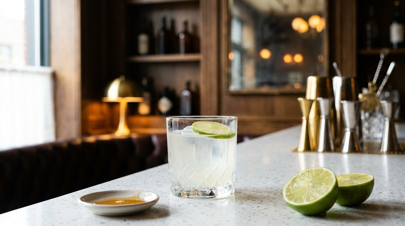 Skinny margarita sur un gros glaçon, sans bord salé, sur un comptoir de terrazzo blanc
