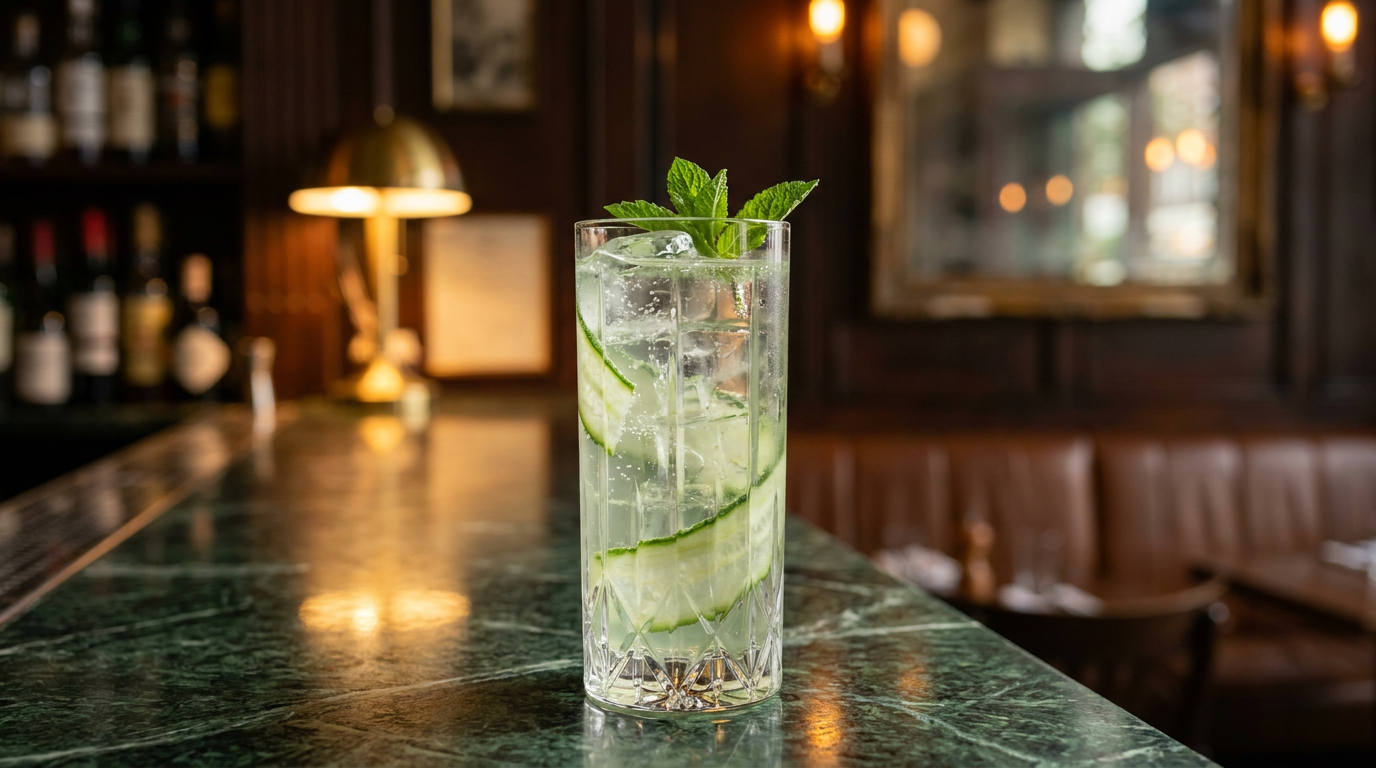 Cucumber Collins vert pâle et pétillant dans un grand verre étroit, rubans de concombre et menthe, comptoir de marbre vert