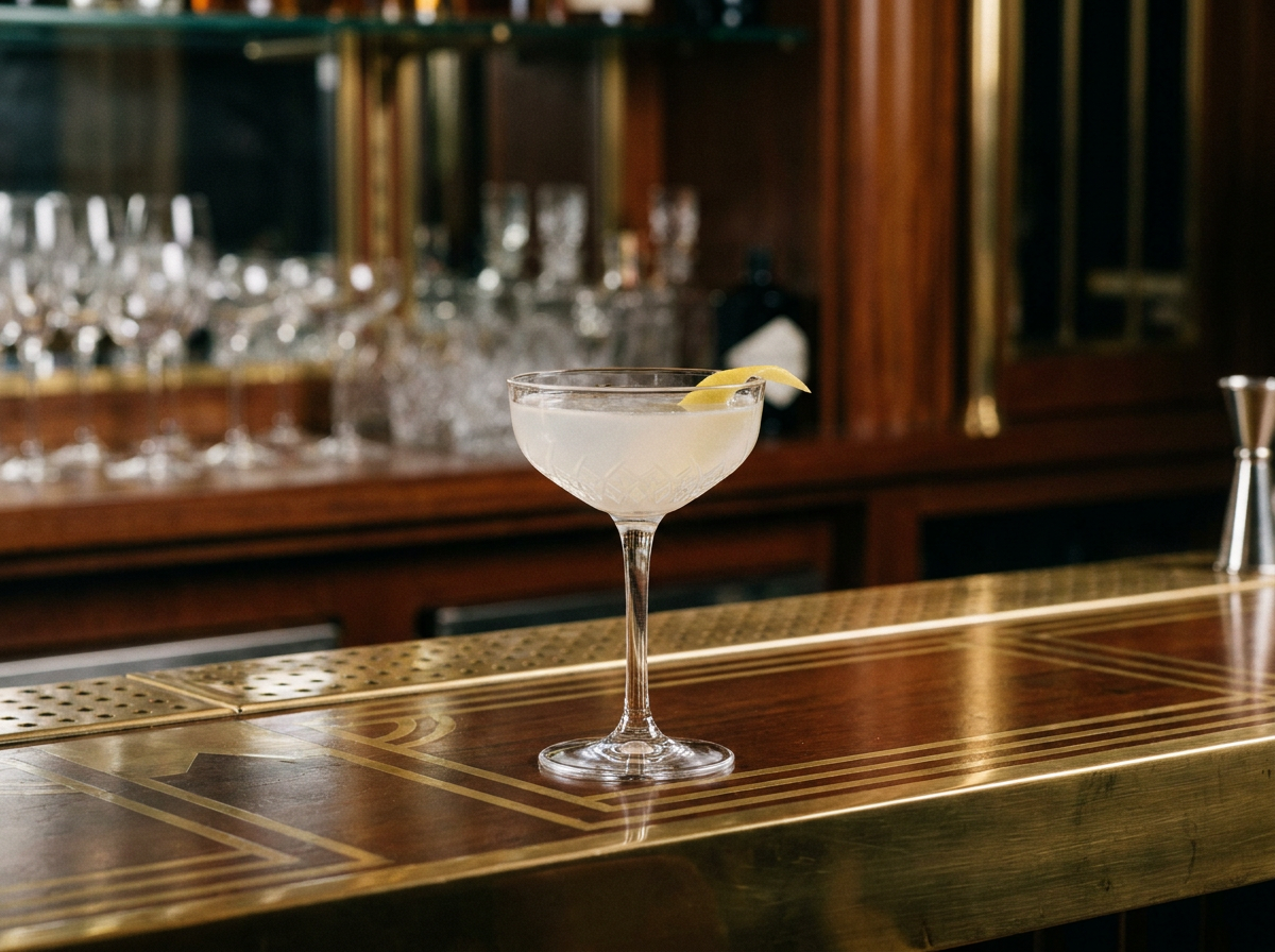Twentieth Century : coupe nacrée pâle (gin, Lillet, cacao blanc, citron), zeste de citron, ambiance Art Déco