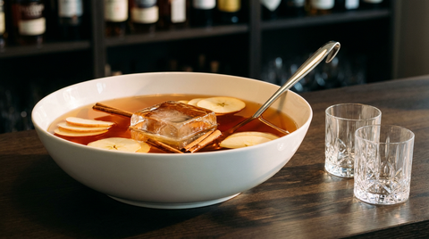 Punch d'Halloween pour 10 personnes dans un grand bol en porcelaine sur un comptoir de chêne : punch ambré, tranches de pomme, bâtons de cannelle, bloc de glace et louche en argent