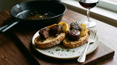 Deux tranches de pain de campagne grillé sur une petite assiette, garnies de rondelles de boudin noir saisies à la peau brillante et brune, alternées de quartiers de pomme caramélisés dorés, thym et poivre concassé, poêle en fonte derrière