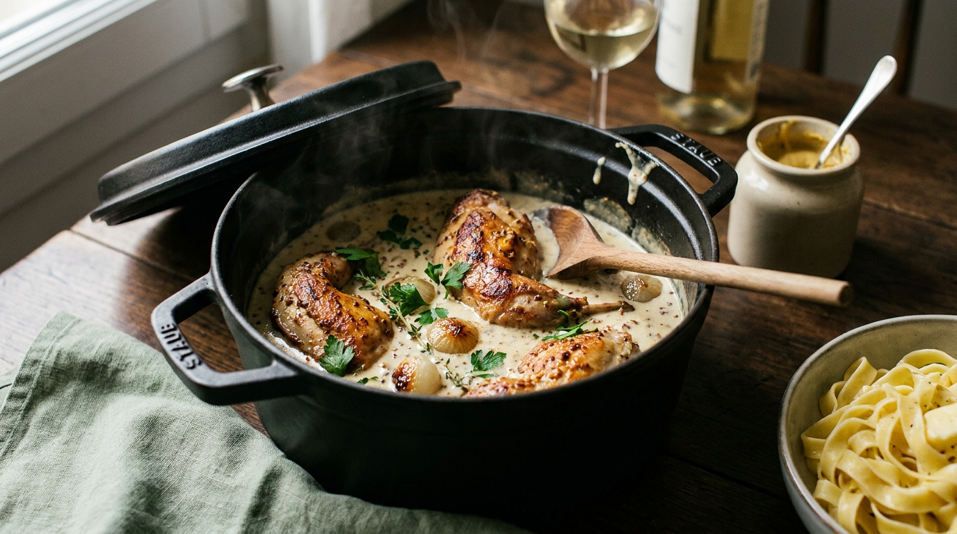 Lapin à la moutarde dans une cocotte en fonte, morceaux dorés dans une sauce ivoire moutardée, persil et tagliatelles à côté