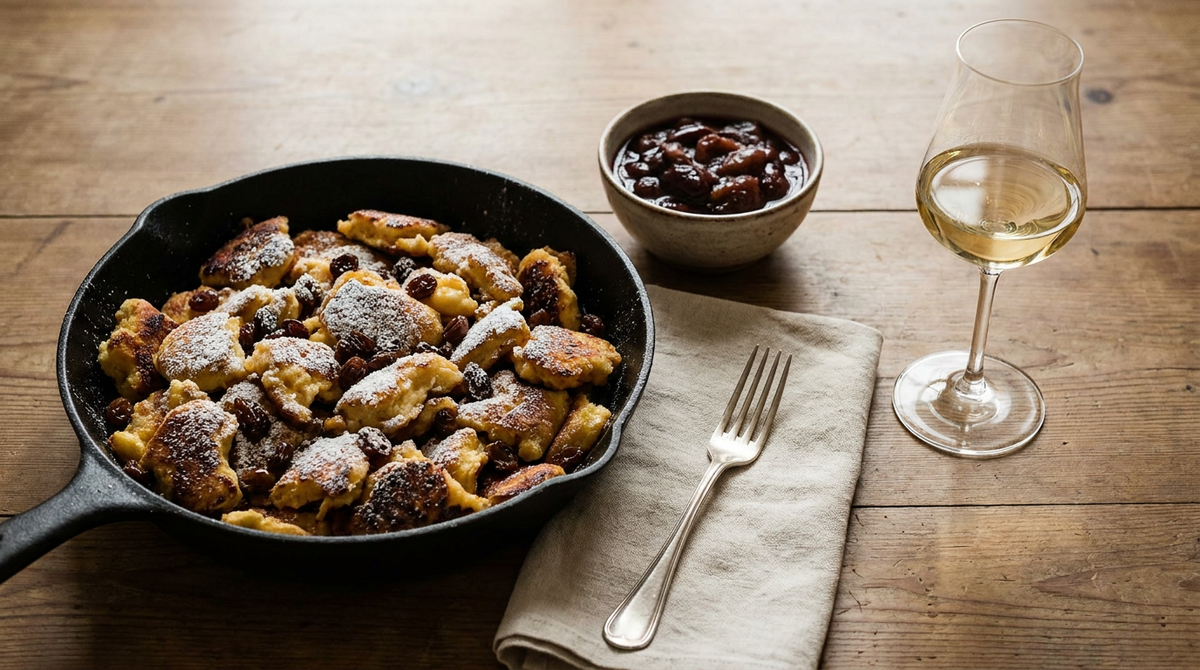 Kaiserschmarrn dans une poêle en fonte, morceaux de crêpe épaisse déchirés et dorés sous le sucre glace, raisins secs, bol de compote de prunes, verre de vin blanc doux, table de bois